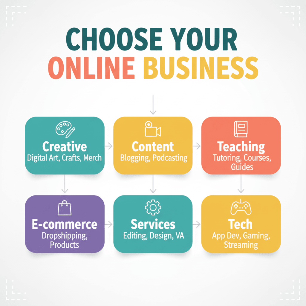 Infographic showing how to choose the right online business ideas for teens by interest and skill level