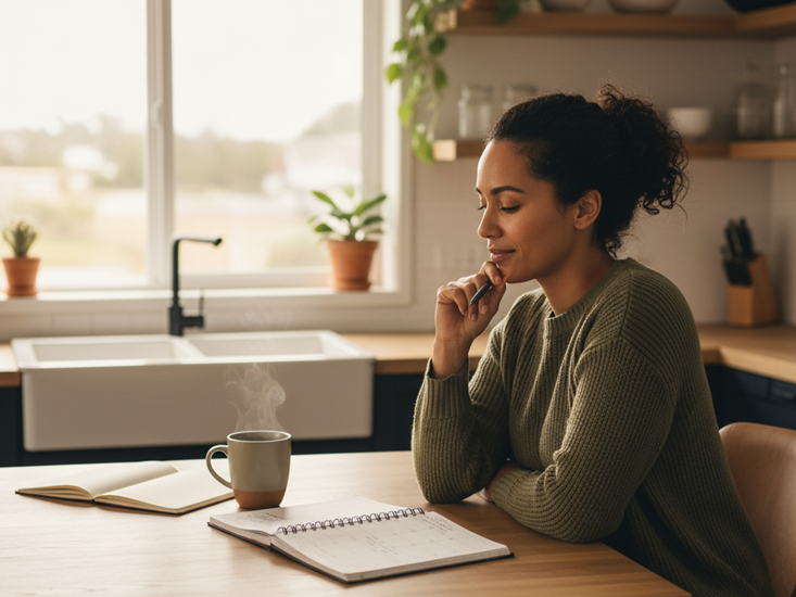 Parent planning Buy Nothing Day activities and considering pros and cons for family