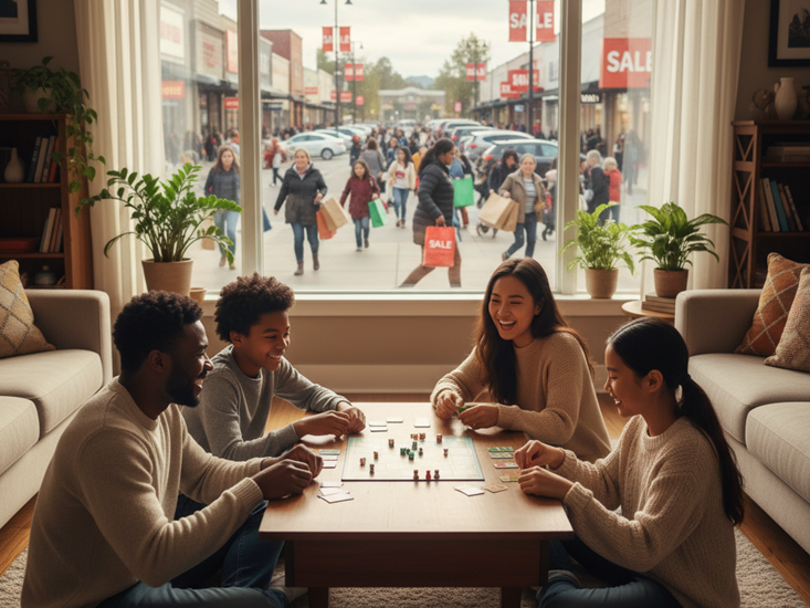 Family enjoying time at home while Black Friday shopping happens outside their window representing Buy Nothing Day pros and cons