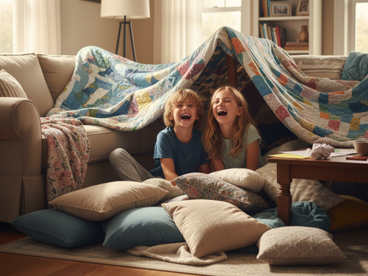 Children building blanket fort as free Buy Nothing Day activity at home