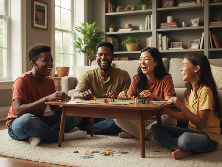 Family playing board games together during Buy Nothing Day activities