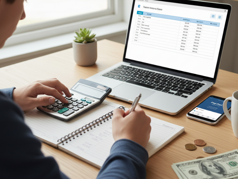 Teen tracking income and expenses for online business using calculator and budget spreadsheet