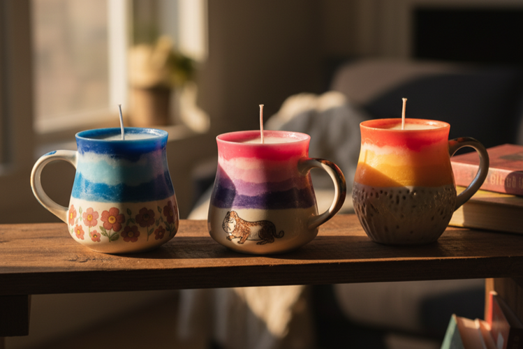 Upcycled crayon candles in vintage thrifted mugs - creative homemade Christmas gifts