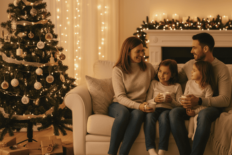 Family enjoying a peaceful Christmas on a budget. Shows financial peace during the holidays.