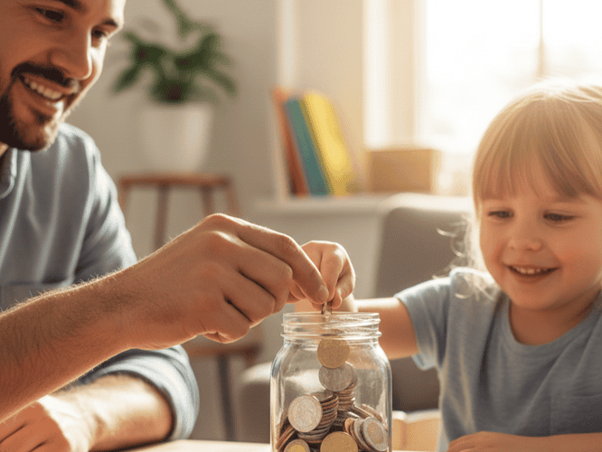 happy parent and kid putting coins in a clear savings jar representing money lessons for kindergarten