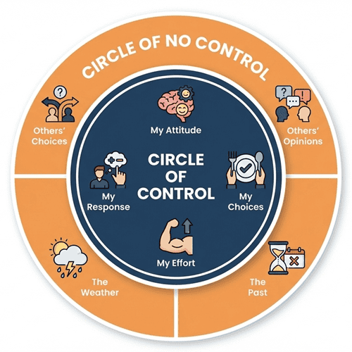 Circle of Control diagram showing inner circle with controllable factors like attitude and choices, surrounded by outer circle of uncontrollable factors for teenagers
