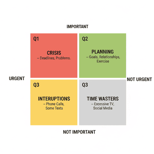 Eisenhower’s Time management quadrants matrix diagram showing four categories: urgent-important, not urgent-important, urgent-not important, and not urgent-not important tasks for teens, representing what are the 7 habits of a highly effective teenager.