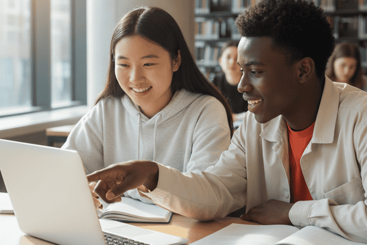 Two diverse teenagers collaborating on laptop at table, smiling and working together in cooperative learning environment
