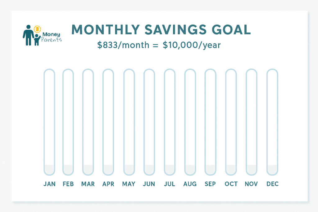 Monthly savings tracker chart template showing $833 per month goal to save 10000 in a year
