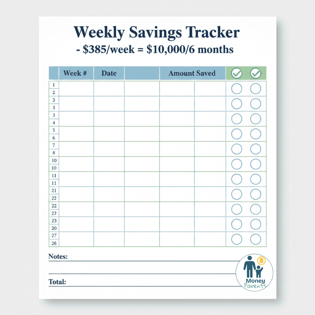 Printable weekly savings tracker template for saving $10000 in a6 months with 26-week grid