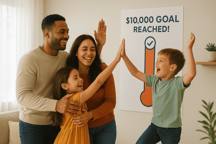 Family celebrating reaching their $10000 savings goal with completed savings chart on wall