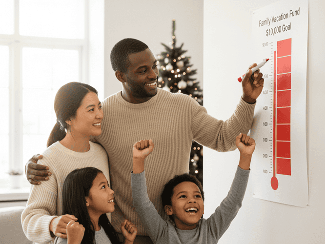 Family standing together looking at savings thermometer chart showing progress toward how to save 10000 in a year goal