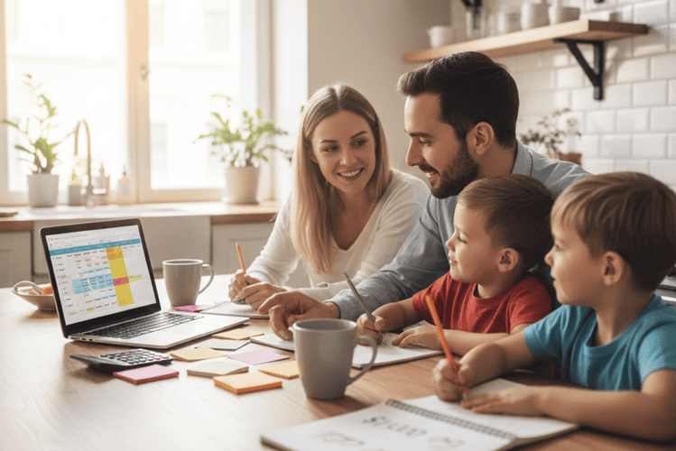 Family sitting at kitchen table planning budget strategy for how to save 10000 in a year with laptop and notes