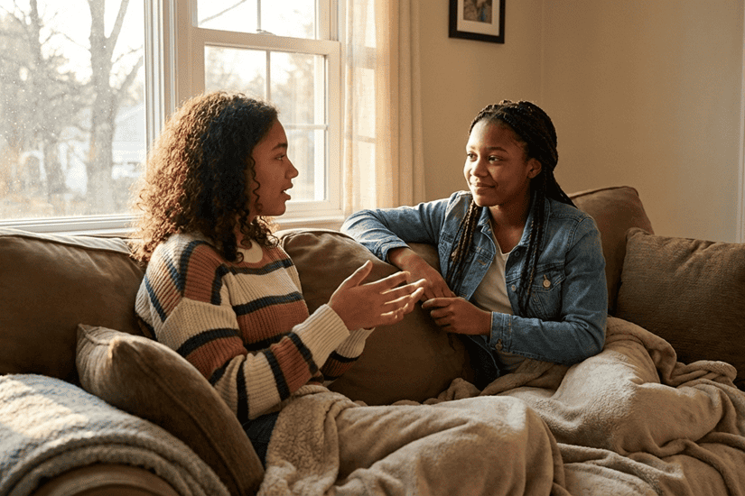 Two teenage girls engaged in active listening conversation on couch, one speaking while the other attentively listens with engaged body language
