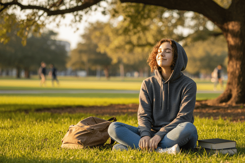 Teenage student relaxing under tree on grass with eyes closed, taking peaceful break from studying in nature
